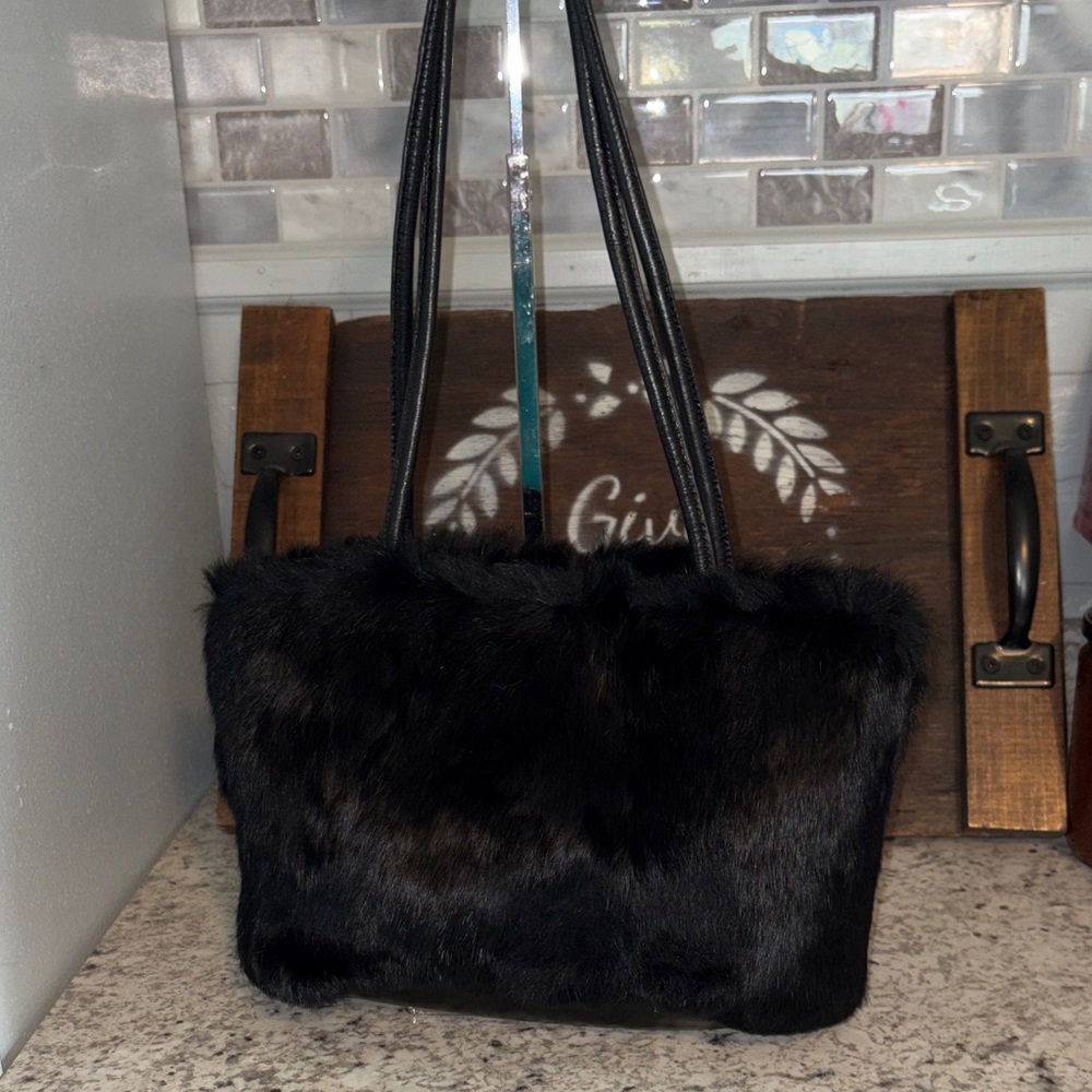 EUC STUFFED Lord & Taylor Black Faux Fur Shoulder Bag